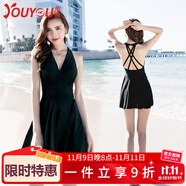 佑游泳衣女連衣裙泡溫泉保守小胸聚攏性感顯瘦泳裝四件套19414黑色L