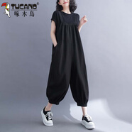 啄木鳥(niǎo)（TUCANO）大尺碼女裝夏季文藝棉麻背帶褲女寬松九分褲顯瘦洋氣吊帶連體燈籠 黑色 XL 建議100-150斤