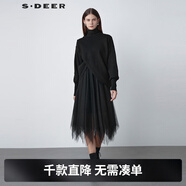 S.DEER圣迪奧女裝秋冬高領(lǐng)斜襟網(wǎng)紗拼接針織氣質(zhì)連衣裙S221Z1234 黑色/91 S 160