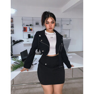 楠哥微胖辣妹套裝裙女秋冬大碼胖mm顯瘦短款機車(chē)外套半身裙兩件套 黑色套裝 L