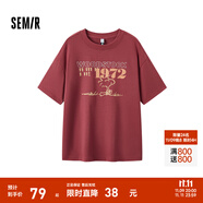 Semir[商場(chǎng)同款]史努比系列短袖T恤女中長(zhǎng)款印花2024新款純棉秋裝 酒紅60957 L