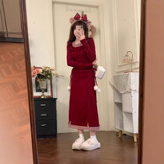 米詩(shī)德新年情侶裝衛衣2025新款新年戰袍格子拼接長(cháng)袖針織連衣裙辣妹氣質(zhì) 長(cháng)款 S 均碼