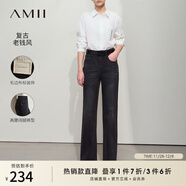 AMII女裝2025冬季新款休閑風(fēng)復古洗水高腰闊腿褲牛仔褲長(cháng)褲女 黑色 L