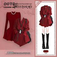 LNGA LANDGRE巨好看的小香風(fēng)韓系毛衣外套秋冬季紅色裙子圣誕法式A字裙 紅外套配腰帶+紅色連衣裙【巨好看的早秋一整套_秋日 L