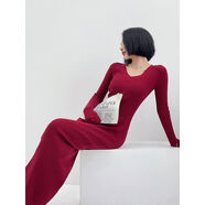 高個(gè)子春秋冬V領(lǐng)超長(cháng)拖地毛衣裙加長(cháng)袖修身打底針織連衣裙 勃艮第酒紅，加長(cháng)，高彈 L L