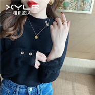 相伊戀人半高領針織衫女外穿25年百搭顯瘦內搭蕾絲邊打底衫加厚保暖毛衣 黑色【秋冬加絨款】 均碼 【80-140斤】
