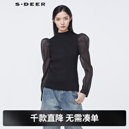 S.DEER圣迪奧女裝春季百搭圓領(lǐng)泡泡袖網(wǎng)紗拼接針織衫S22183511 黑色/91 XL 175