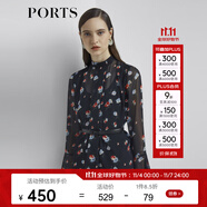 PORTS寶姿新品女裝宮廷復(fù)古荷葉袖雪紡襯衫LL8B090KPP052 黑色印花 S (4)