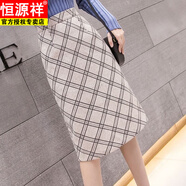 恒源祥2025秋冬新款女裝顯瘦復古格子毛呢半身裙中長(cháng)款裙包臀裙一步裙 黑色格 M 建議95-108斤
