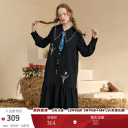 兩三事梵高文藝 滿(mǎn)枝香郁 2025春秋季新款文藝風(fēng)繡花印花領(lǐng)帶連衣裙 黑色 S