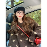 AEMAPE復古愛(ài)心提花套頭毛衣女2025秋冬新款韓系慵懶風(fēng)外穿寬松針織衫女 咖色 均碼 80-125斤