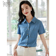 初申夏季短袖牛仔襯衫女設計感小眾復古疊穿法式牛仔襯衣S143C1546