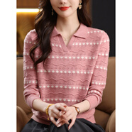 AX溫柔風(fēng)百搭顯瘦上衣新款韓系針織領(lǐng)毛衣女波點(diǎn)鏤空條紋打底衫 粉色 M 【建議100-110斤】