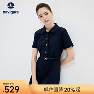 Navigare意大利小帆船短袖襯衫裙女士夏季時(shí)尚百搭小個(gè)子連衣裙簡(jiǎn)約中裙女 海軍藍 XL 碼