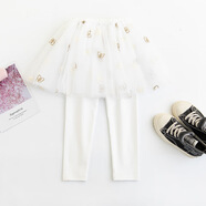 何佳功春秋女童裙褲韓版繡花蝴蝶女童褲假兩件女童打底褲新疆棉女 白色 100 碼