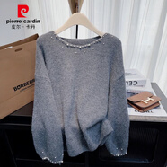 皮爾卡丹洋氣設計感釘珠韓版毛衣長(cháng)袖2025寬松秋冬新款上衣針織衫ins外穿 灰色 L 建議110-120