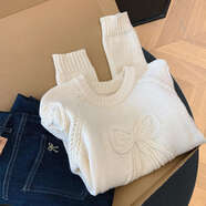 粗線(xiàn)毛衣女韓系甜美手工蝴蝶結短款圓領(lǐng)毛衣女秋冬重工粗針百搭套 杏色 S 建議90斤內