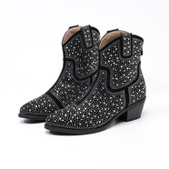 米詩(shī)德大碼女靴41-43胖腳訂單圓頭粗跟水鉆大碼35-43碼鑲鉆短靴時(shí)尚一腳 黑色 35 均碼