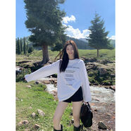 白色字母印花寬松長(cháng)袖t恤女春季韓版休閑內搭打底衫上衣 白色現貨 S S