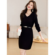 kangnai感V領(lǐng)針織連衣裙女秋冬收腰修身毛衣裙中長(cháng)款配腰帶打底裙子 黑色 L