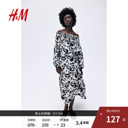 H&M女裝花卉連衣裙秋季通勤優(yōu)雅氣質(zhì)燈籠長袖露肩A字長裙1234914 黑色/圖案 170/104 L