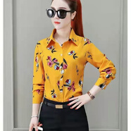 淺伊琳春季新款雪紡女襯衫長(cháng)袖個(gè)性玫瑰印花時(shí)尚洋氣緞面上衣女 黃色印花長(cháng)袖 S S碼75-85斤