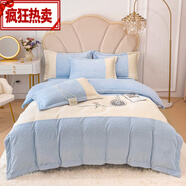 南極人（Nanjiren）A類(lèi)全消光牛奶絨雕花拼接刺繡款四件套 假日玫瑰ins風(fēng)可裸睡被套 假日玫瑰-迷霧藍 床單款 1.5m四件套被套200*230cm