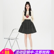 歐貝汐【新品】碎花毛呢拼接短裙女秋冬新款高腰A字裙氣質(zhì)百搭半身裙 黑色 S