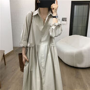 春秋新氣質(zhì)赫本風(fēng)棉質(zhì)襯衫長(cháng)袖連衣裙韓版紐扣高腰顯瘦過(guò)膝百褶裙 淺卡其 均碼 均碼