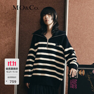 MO&Co.【美麗諾羊毛】 原創(chuàng)LOGO條紋毛衣翻領上衣女拉鏈毛衣針織衫 黑白條色-第2批 M 165