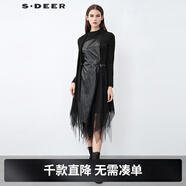 sdeer圣迪奧2021冬季純色通勤A(yíng)型女裝時(shí)尚圓領(lǐng)拼接網(wǎng)紗不規則長(cháng)袖連衣裙S21481207 黑色/91 S/160
