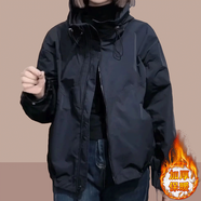 拉夏貝爾（La Chapelle）短外套女裝2025春秋新款韓版寬松時(shí)尚小個(gè)子外套風(fēng)衣上衣夾克女 黑色 夾棉加厚 M 建議100斤內