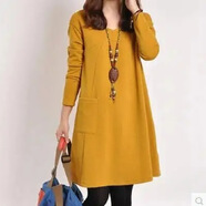 2025秋冬新款韓版寬松加大胖MM大碼女裝爆款寬松顯瘦長(cháng)袖連衣裙子 黃色 M