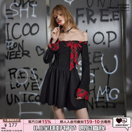 UNIFREE【25年秋款】朋克辣妹風字母刺繡一字領(lǐng)連衣裙帶綁帶 黑色  L 