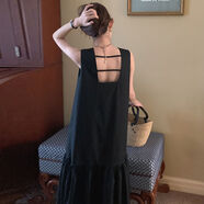 韓國chic復古赫本風(fēng)無(wú)袖連衣裙女夏季露背荷葉邊裙擺背心裙長(cháng)裙子 黑色 均碼 均碼
