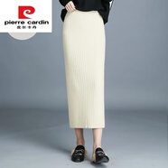 皮爾卡丹（pierre cardin）加厚毛線(xiàn)裙子針織半身裙秋冬高腰包臀裙兔絨包芯紗毛線(xiàn)中長(cháng)裙開(kāi)叉 米色 均碼 長(cháng)款80厘米