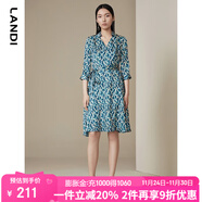 藍地新款孔雀藍印花七分袖碎花連衣裙女高腰a字中長(cháng)裙春夏 孔雀藍 S