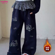米奇丁當（MIQIDIDA）米奇丁當女童休閑衛褲秋冬2025新款貓咪印花闊腿褲大童冬季寬松褲 藏青色KT小貓加絨加厚 110
