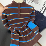 【80-200斤】半高領(lǐng)條紋針織衫上衣女秋冬韓系穿搭撞色毛衣打底衫 咖啡色 S 建議80-95斤