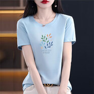 時(shí)尚解放撿漏品牌撤柜純棉白色短袖t恤女裝寬松印花體恤衫夏季上衣服 6105灰藍短袖 M (建議80-105斤)