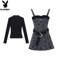 花花公子（PLAYBOY）大碼甜酷百褶吊帶連衣裙女秋冬感垂感a字裙子內搭打底兩件套 黑色打底衫+背帶短裙【套裝】配腰帶 S 建議70-90斤