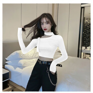 古闌迪莉爵士舞上衣女長(cháng)袖打底衫可外穿秋冬街頭蹈印花小心機露肩鏤空T恤 白色 S