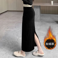 YOUNVFR包臀秋冬開(kāi)叉女長(cháng)裙黑色半身歐美加絨顯瘦半身裙金絲絨加厚一步裙 黑色 加絨 2XL 125-140