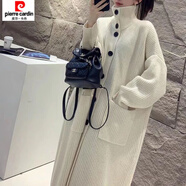 皮爾卡丹（pierre cardin）長(cháng)款開(kāi)衫加厚毛衣高領(lǐng)單排扣口袋外套女針織衫韓版寬松中長(cháng)款女裝 杏色 M