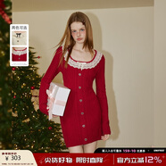 UNIFREE長(cháng)袖針織連衣裙女蕾絲拼接撞色復古收腰顯瘦裙子 紅色 L