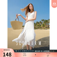 三彩2025秋款花邊V領(lǐng)小白裙連衣裙木耳邊開叉長裙度假風(fēng)M 珍珠白 L 165/88A