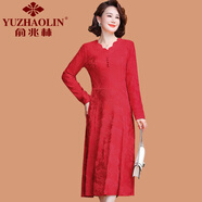 俞兆林（YUZHAOLIN）媽媽婚宴禮服長袖連衣裙喜婆婆2025新款中老年女裝春秋季結(jié)婚裙子 大紅色 XL (參考90-105斤)