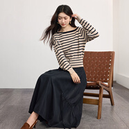 熙世界（sllsky）不規則抽繩a字皮裙半身裙2025秋冬新款復古中長(cháng)pu皮傘裙 寶藍條紋-上衣 L