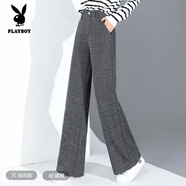 花花公子（PLAYBOY）直筒褲女秋冬裝2025新款毛呢高腰加厚休閑褲子氣質(zhì)百搭直筒褲子女 深灰色-【九分褲不加絨】 3XL 建議135-145斤