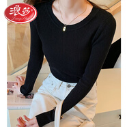 浪莎秋冬新款長(cháng)袖低圓領(lǐng)套頭毛衣修身百搭打底衫女純色針織衫線(xiàn)衣 黑色 2XL 125-135斤穿